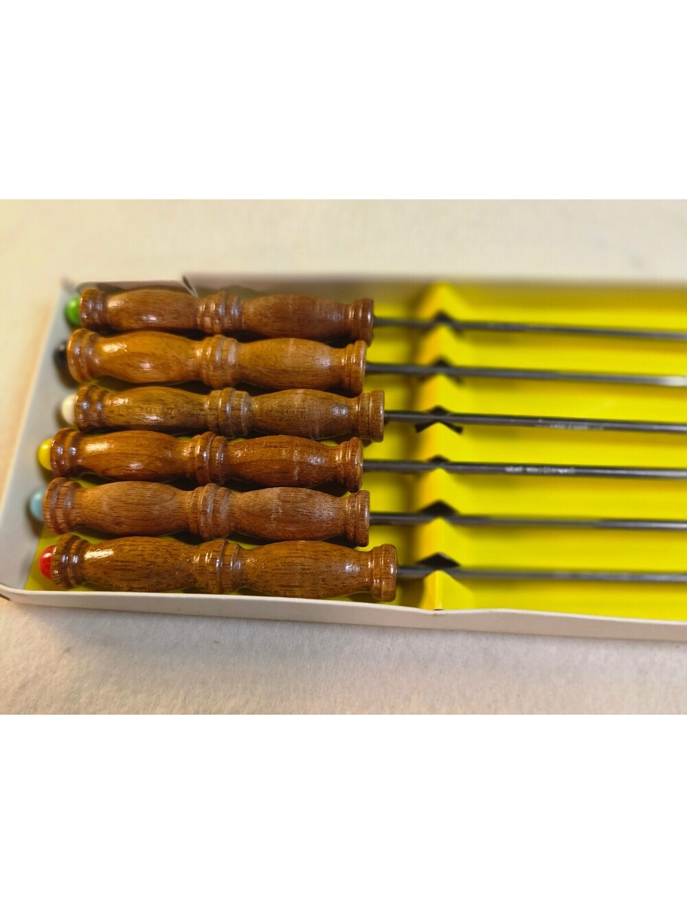 Vintage Tanco Stainless Steel Fondue Forks Set of 6 Wood Handles Original Box